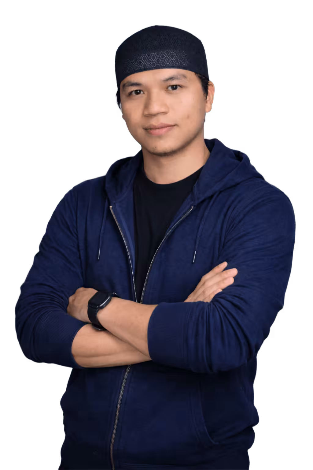 Confident professional developer in a navy hoodie with arms crossed